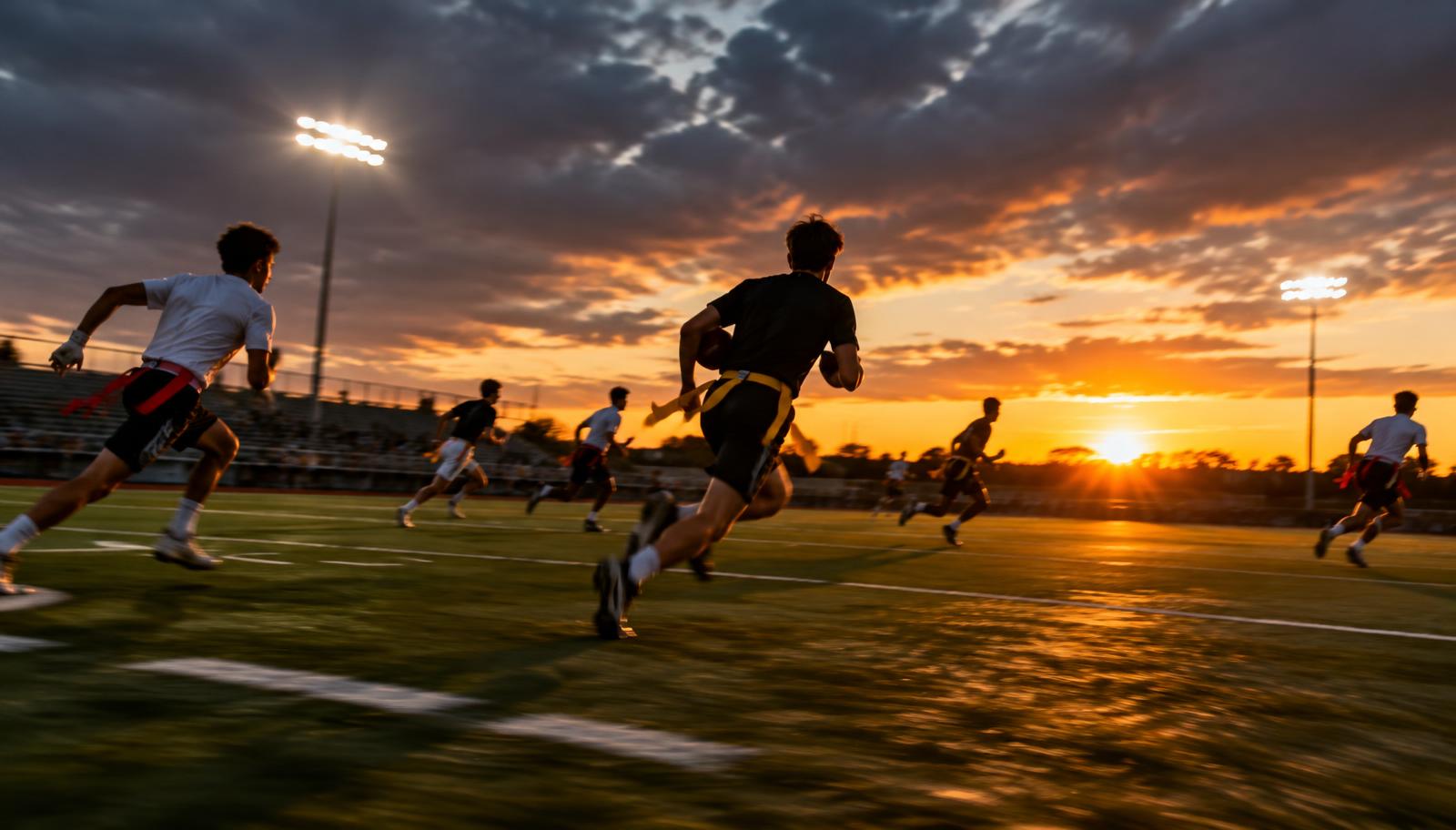 Players racing down the field under Friday lights